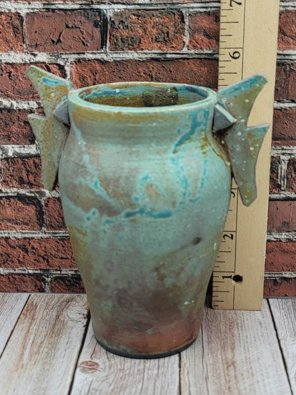 Handcrafted Signed CLAYWORKS Raku Vase, Amphora Shape - Picture 7 of 8